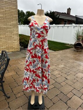 Chaps cotton Red Floral V-Neck Maxi Dress - Sleeveless Summer Dress size M